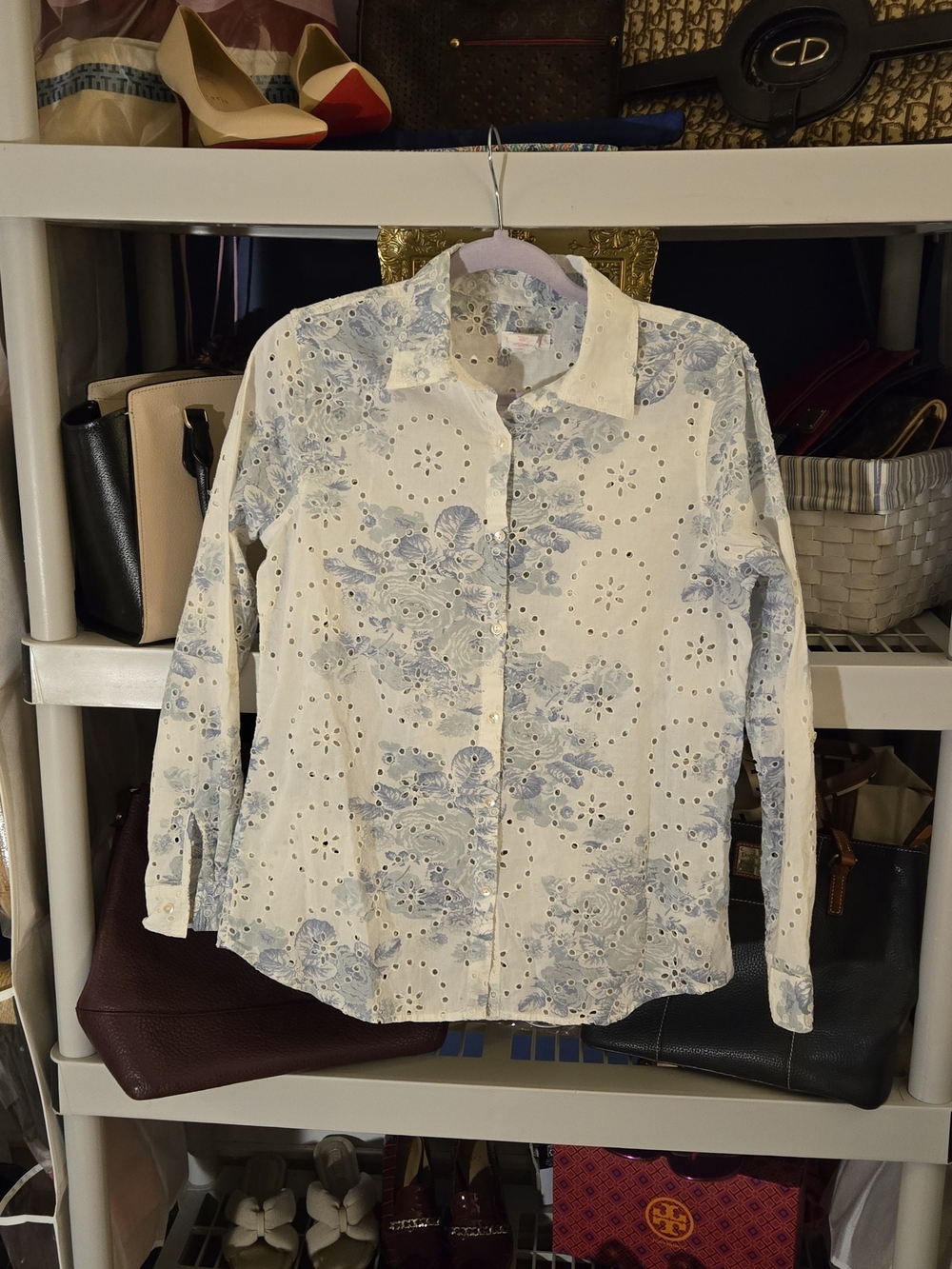Shabby Chic White Eyelet Coquette/Cottagecore Top with Pale Blue Floral
